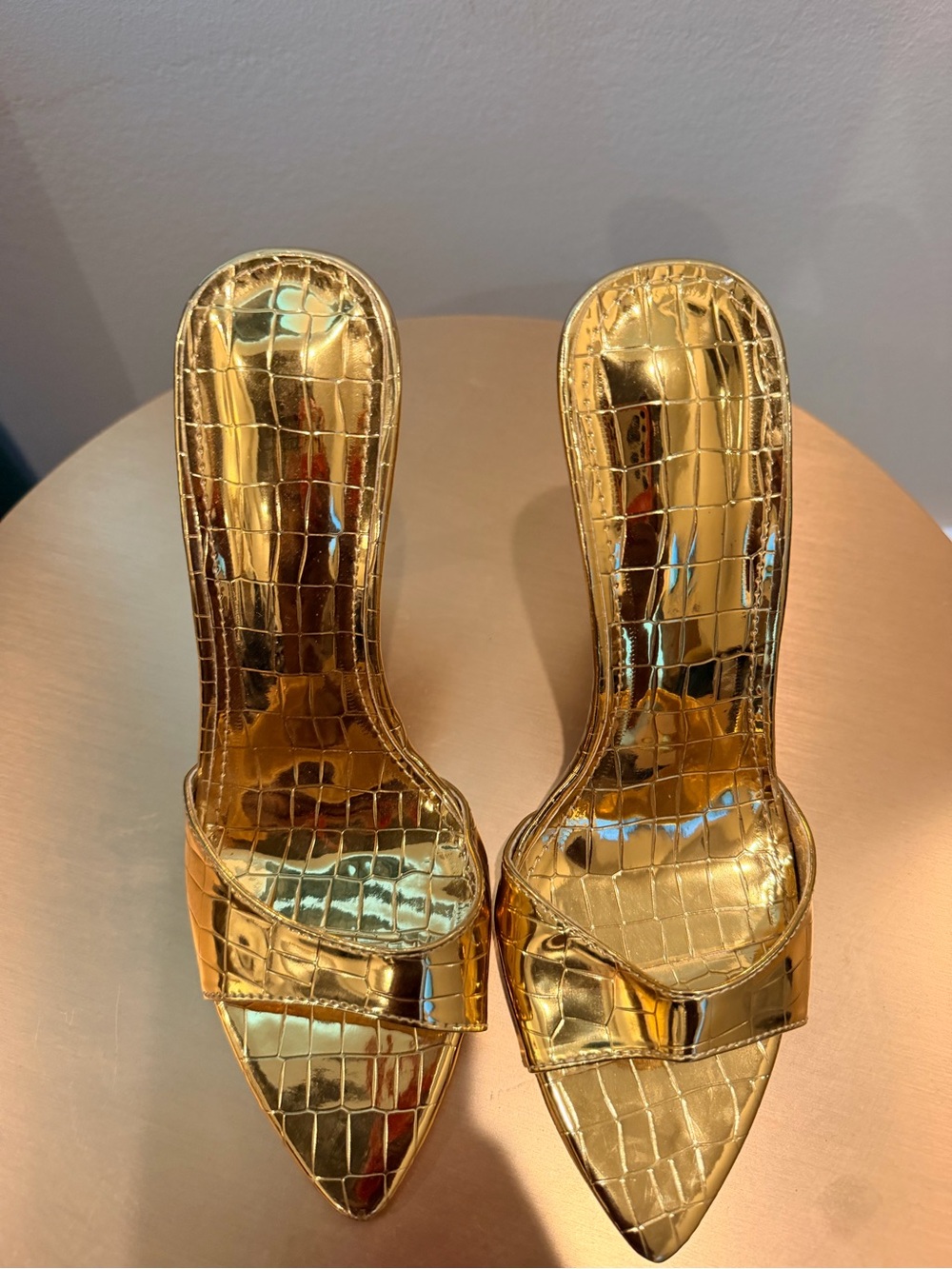 SHEIN Metallic Gold Croc-Embossed Pointed Slide Heels